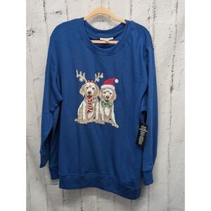 Woman Within Plus Sz 2X Blue  Sweatshirt Long Sleeve Crew Christmas Dogs New‎